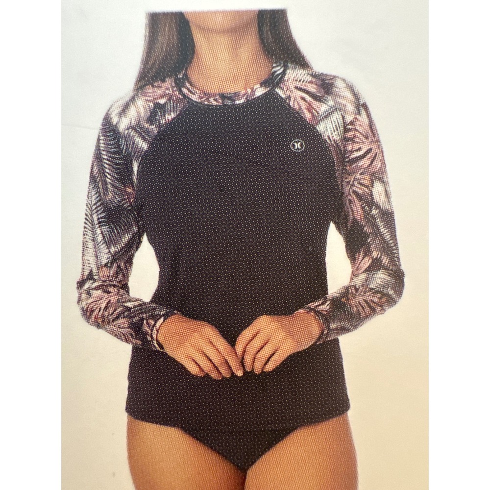 Hurley Womens Rash Guard Long Sleeve UPF 50+ Scattered Palm Black Floral Large